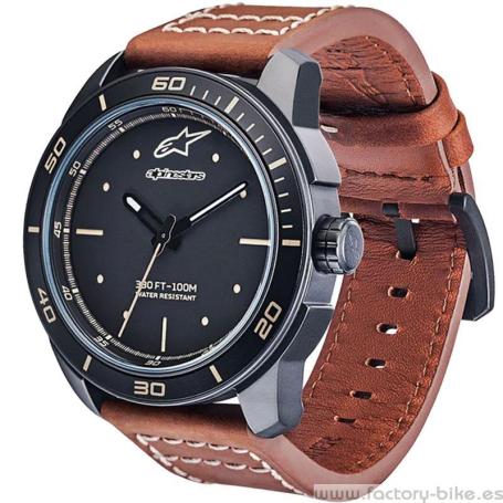 RELOJ ALPINESTARS TECH WATCH 3H MATT BLACK LEATHER STRAP BROWN
